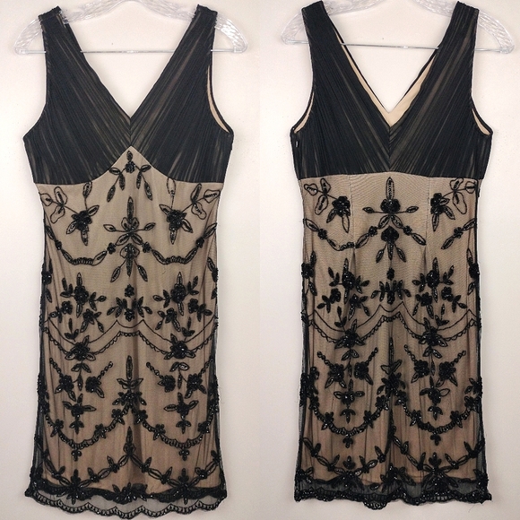 NWOT Pisarro Nights Beaded Sequin Overlay Black and Nude Dress Sz. 6 - Picture 1 of 14